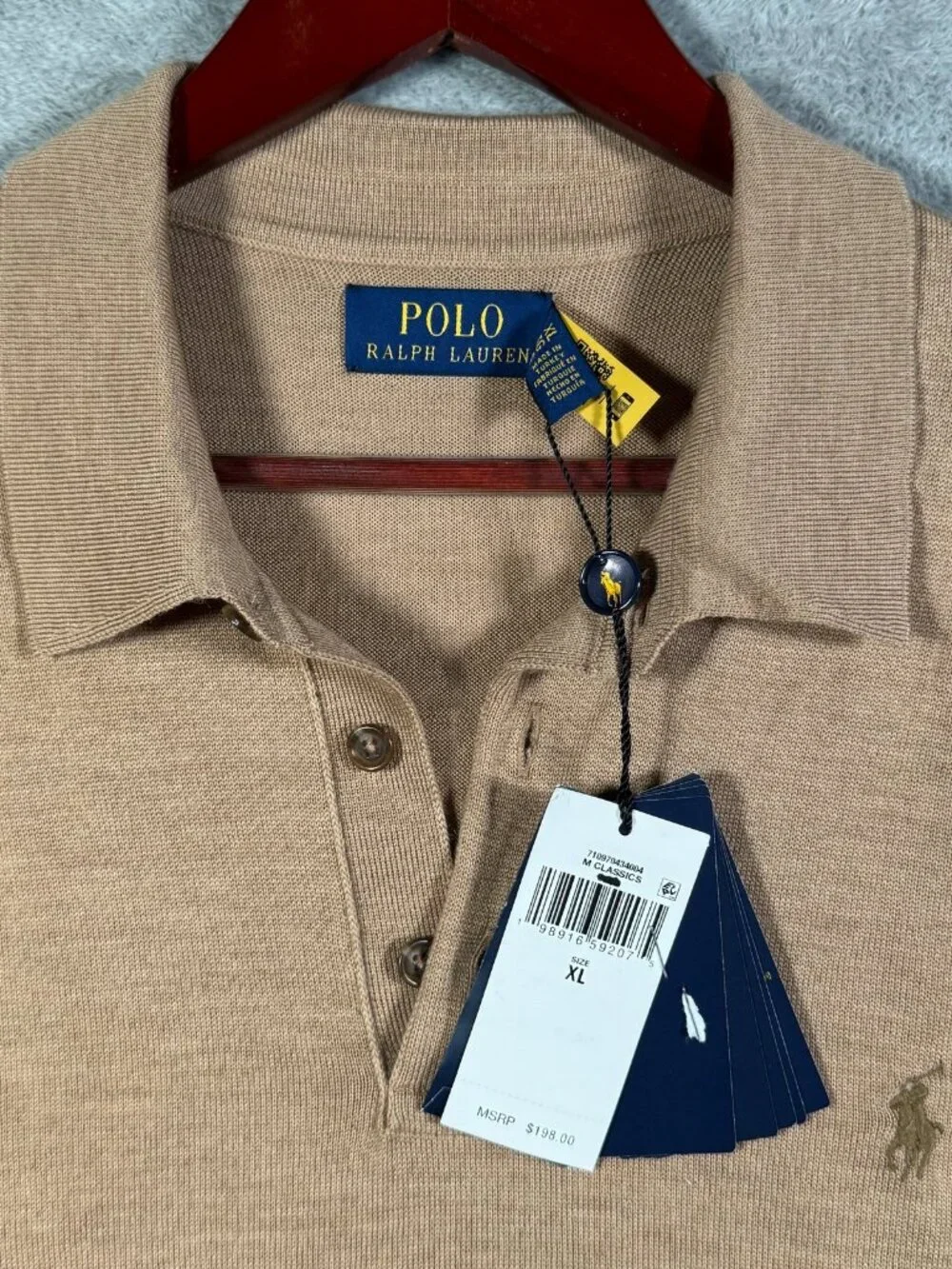 Polo Ralph Lauren Sweater Mens XL Tan 100 Wool Long Sleeve Collared $198